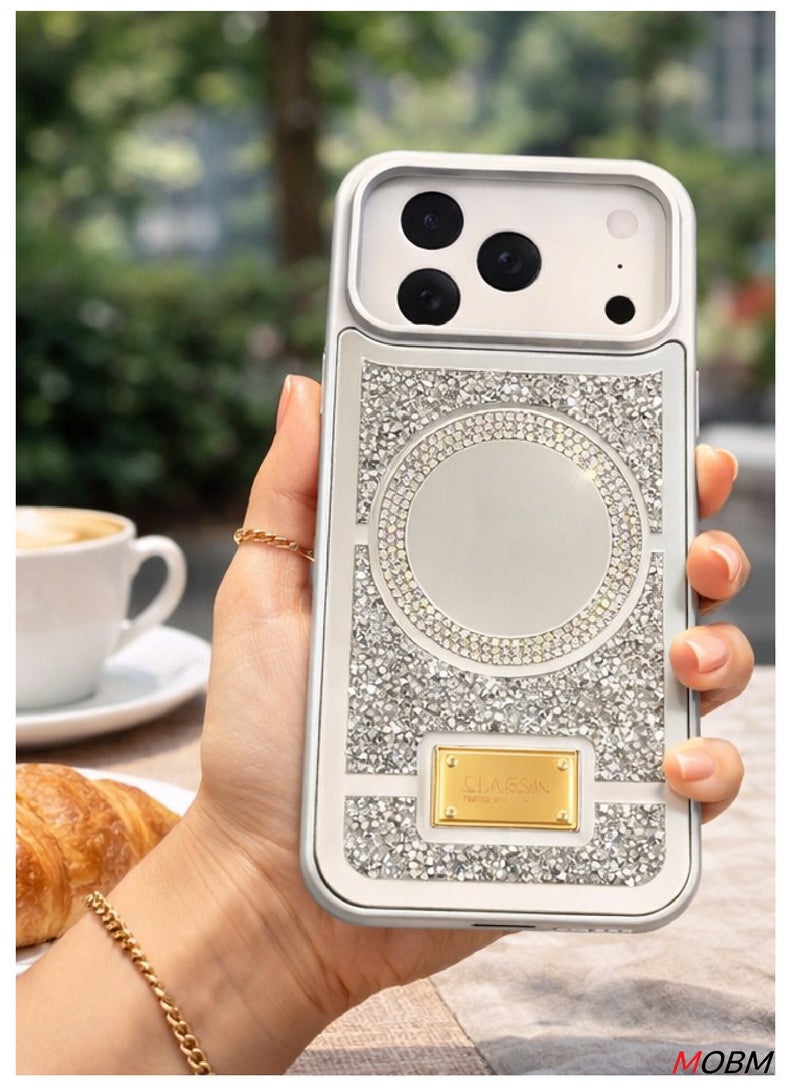 MOBM Case for iPhone 17 Pro Case with Mirror Cute Luxury Sparkle Glitter Diamond Crystal Rhinestone Protective Cover Silver (iPhone "17 Pro") - Image 3